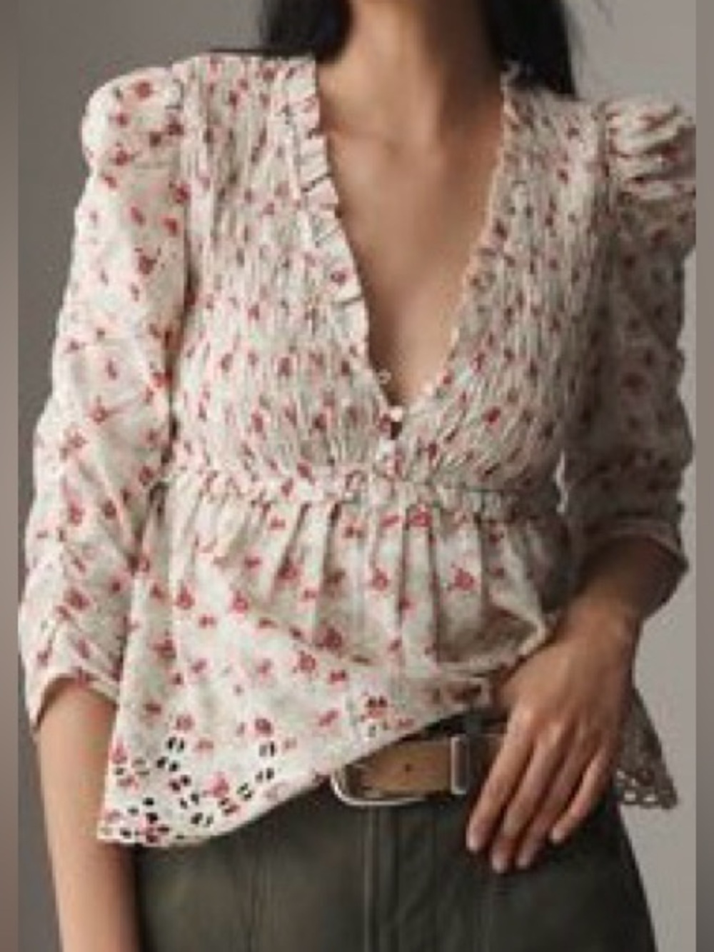 Anthropologie Floral Smocked Peplum Blouse - Pink Floral on Cream Small
